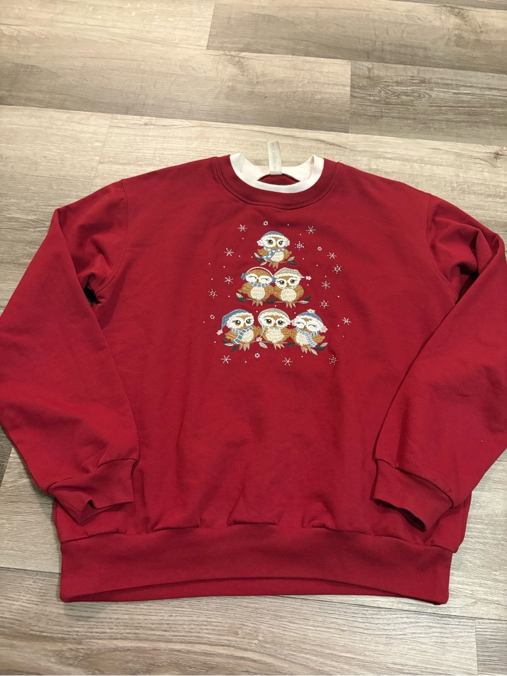 Red Holiday Sweatshirt with Owl Tree Embroidery Morning sun grandma sweater VTG
